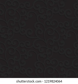 Floral seamless pattern. Swirls background for fabric, wallpaper, packaging, wrapping. Black 3d ornament, vintage seamless vector background.