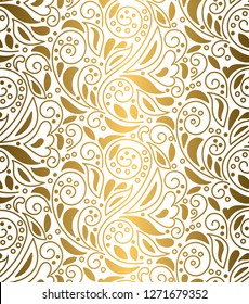 Floral seamless pattern with swirls and leaves. Plant texture for fabric, wrapping, wallpaper and paper. Trendy golden luxury background, vector.