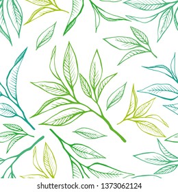 Floral seamless pattern with tea leaves. Hand drawn tea leaves background. Vector illustration on white. For textile, paper, decoration and wrapping	