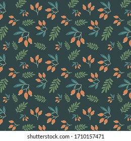Patrón floral sin fisuras con la plantilla de patrón en el panel Muestras. Bayas rojas y hojas verdes sobre fondo oscuro. Arte vectorial