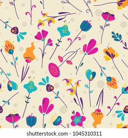 Floral seamless pattern template for textile print design. Abstract fantasy flowers background. Vector illustration.