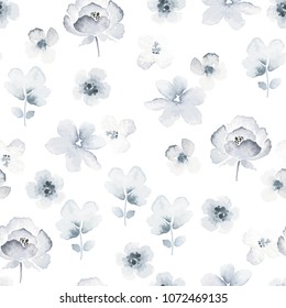 Floral seamless pattern with tender abstract flowers in indigo colors and vintage watercolor style. Vector illustration on white background.