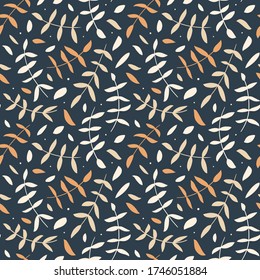 Patrón floral sin fisuras con tonos crema tierno en el fondo oscuro. Arena tranquila, vectorial marrón impreso en otoño para textiles, prendas de vestir, tela. EPS10, imagen de fondo editable con ramas