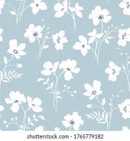 Floral seamless pattern with tender white abstract branches of flowers and leaves. Vector illustration on blue background.