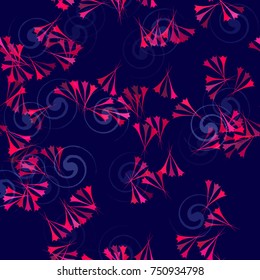Floral Seamless Pattern. Textile, Fabric Texture with Natural Japanese Motifs. Fashion Print Design with Purple Flowers on Dark Violet Background.
