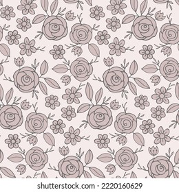 Floral seamless pattern for textile in pastel color. Vintage rose and daisy flower with leaves for textile, vector background