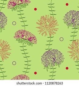 
Floral seamless pattern for textiles on a green background. 
Asters linear color graphics