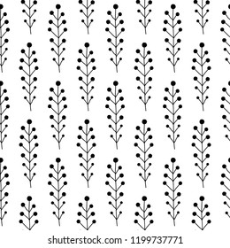 Floral Seamless pattern texture with berries branches in black and white. Vector illustration with twigs. Perfect for printing on fabric or paper.