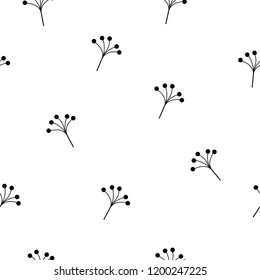 Floral Seamless pattern texture with berries branches in black and white. Vector illustration with twigs. Perfect for printing on fabric or paper.