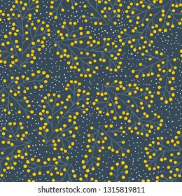 Floral Seamless pattern texture with berries, flowers branches. Vector illustration with twigs yellow on dark background.