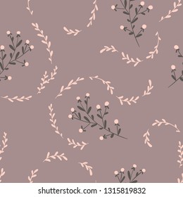 Floral Seamless pattern texture with berries, flowers branches. Vector illustration with twigs on a beige coffee background