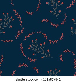 Floral Seamless pattern texture with berries, flowers branches. Vector illustration with twigs on a dark background