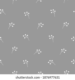 Floral Seamless pattern texture with berries branches. Slim white twigs on grey background. Vector illustration. Perfect for printing on fabric or paper. 
