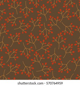 Floral Seamless pattern texture with berries branches. Slim twigs with red berries. Vector illustration. Perfect for printing on fabric or paper. Autumn color.