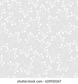 Floral Seamless pattern texture with berries branches. Slim white twigs on grey background. Vector illustration. Perfect for printing on fabric or paper. 