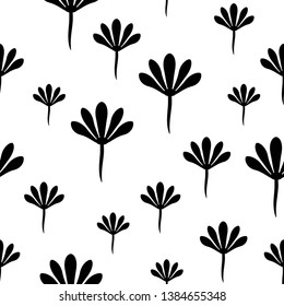 Floral seamless pattern texture with black hand drawn flowers. White background. vector illustration with twigs. ornament for printing on fabric, paper or wrapping