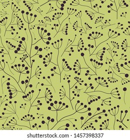 Floral Seamless pattern texture with black berries branches. Yellow background. Vector illustration with sprigs.Barberry twig Perfect for printing on fabric or paper. Barberry twig