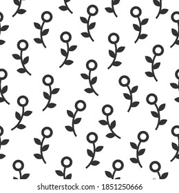 Floral seamless pattern texture with black berries sprigs and twigs with leaves. White background. Vector illustration with twigs. Perfect floral ornament for printing on fabric or paper. 