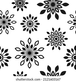 Floral Seamless pattern texture with black ethnic flowers. White background. vector illustration with geometric blooms. ornament for printing on fabric, paper or wrapping