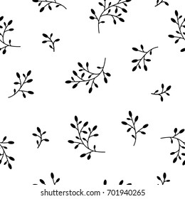 Floral Seamless pattern texture with Black berries sprigs. White background. Vector illustration with twigs. Perfect for printing on fabric or paper.  Black and white