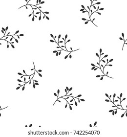 Floral Seamless pattern texture with Black berries sprigs. White background. Vector illustration with twigs. Perfect for printing on fabric or paper.  Black and white
