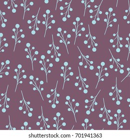 Floral Seamless pattern texture with blue berries sprigs on violet  background. Vector illustration with twigs. Perfect for printing on fabric or paper. 