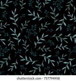 Floral Seamless pattern texture with blue berries sprigs and leaves. black background. Vector illustration with twigs. Perfect floral ornament for printing on fabric or paper. 