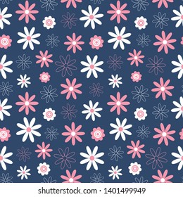 Floral seamless pattern. Texture with daisy flowers on blue background. Design for textile, wallpaper, fabric. Vector 