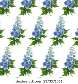 Nahtloses Muster ohne Blumen. Blumennahtlose Textur mit Blumen Delphinium auf weißem Hintergrund.