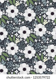 Floral seamless pattern texture hellebore anemone. Flowers green leaves foliage on dark navy blue background. Botanical vector illustration.