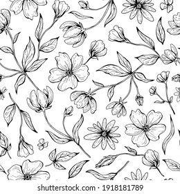 Floral seamless pattern. Texture for print, fabric, textile, wallpaper. Hand drawn ink illustration in line art style. Isolated on white background.