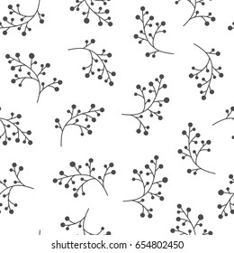 Floral Seamless pattern texture with shabby hand drawn black berries branches. White background. Vector illustration with sprigs. Perfect for printing on fabric or paper. 