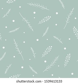 Floral Seamless pattern texture with white berries, twigs and sprigs on powder blue background. Vector illustration with twigs. Perfect for printing on fabric or paper. 