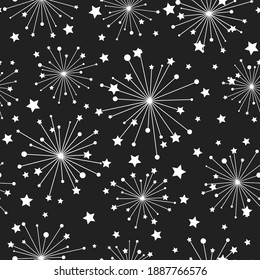 Blumenmuster Nahtlose Muster-Textur mit weißem abstraktem Feuerwerk auf schwarzem Hintergrund. Winterferien, Vektorgrafik mit Sternen. Perfekt zum Bedrucken auf Stoff, Papier oder Umhüllung