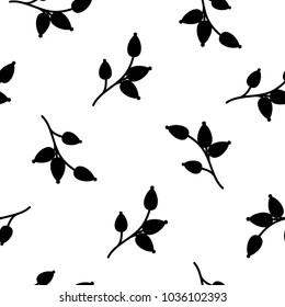 Floral Seamless pattern texture with wild rose black berries. White background. Vector illustration with twigs. Perfect for printing on fabric or paper. Rose-hips or rose-bush berries. 