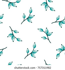 Floral Seamless pattern texture with wild rose blue berries. White background. Vector illustration with twigs. Perfect for printing on fabric or paper. Rose-hips or rose-bush berries. Winter wallpaper