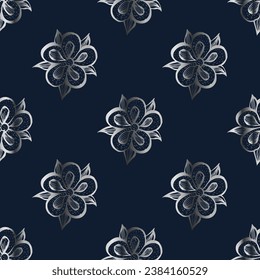 Nahtloses Muster ohne Blumen. Textur für Ihr Verpackungsdesign, Tapete, Packpapier, Stoff, Deckel. Feines Silber auf blauem Hintergrund.