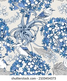 Floral seamless pattern. There are darmera flowers, curly plant, leaves and birds. Blue flowers on the light gray background. Vector illustration.
