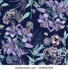 Floral seamless pattern. There are Lily, Hydrangea, leaves and herb. Violet flowers on the dark blue background. Vector illustration.