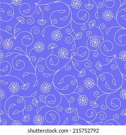 Floral seamless pattern with thin white swirls on a blue background