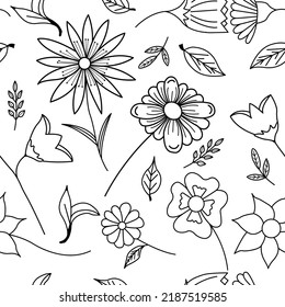 Floral seamless pattern. Tile textures with a set of thin linear web icons. Vector illustration. Abstract background of flowers and leaves for mobile application, coloring book, website, presentation.
