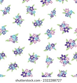Floral sin costura con titiana, lavanda, azul, flor de manzanilla violeta y hojas sobre fondo pastel.