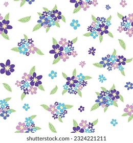 Floral seamless pattern with titian, lavender, blue, purple chamomile flower and leaves on pastel background.