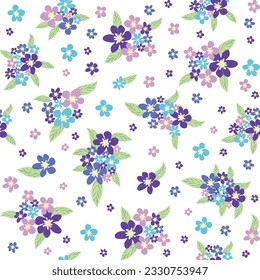 Floral seamless pattern with titian, lavender, blue, purple chamomile flower and leaves on pastel background.