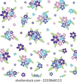 Floral seamless pattern with titian, lavender, blue, purple chamomile flower and leaves on pastel background.