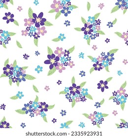 Floral seamless pattern with titian, lavender, blue, purple chamomile flower and leaves on pastel background.