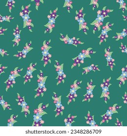 Floral seamless pattern with titian, lavender, blue, purple chamomile flower and leaves on pastel background.