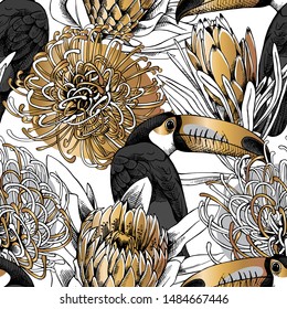 Floral Seamless pattern. Toucan with a gold and silver protea (Sugarbushes and African) flowers. Textile composition, hand drawn style print. Vector illustration.