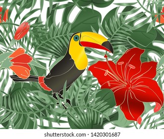 Floral Seamless Pattern with toucan and leaves monstera, hibiscus, palm leaves. Tropical plants, leaves of palm tree.