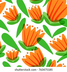 Floral seamless pattern with tranparency elements. Background with abstract bright flowers. Vector illustration for summer and spring textile, wrapping, fabric.